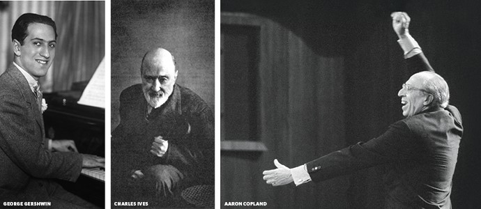 Triptych of composers Ives, Gershwin, and Copland