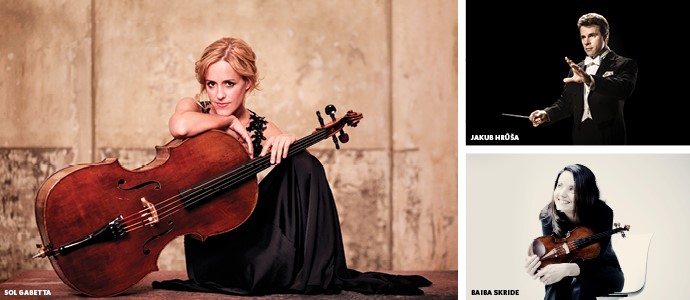 Triptych of cellist Sol Gabetta, violinist Baiba Skride, and conductor Jakub Hrůša