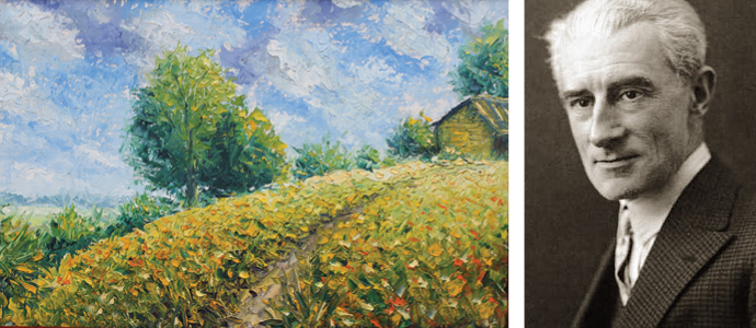 A diptych of an Impressionist painting and a portrait of Ravel